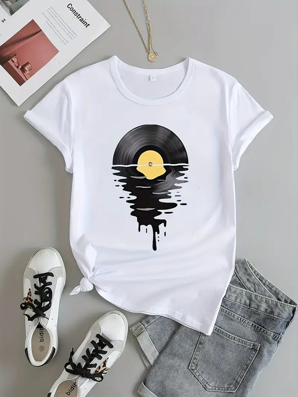 Vinyl Moon Seascape Art Printed Short Sleeved Casual Women's Fashion Women's Pattern T-shirt Women's Printed Summer T-shirt