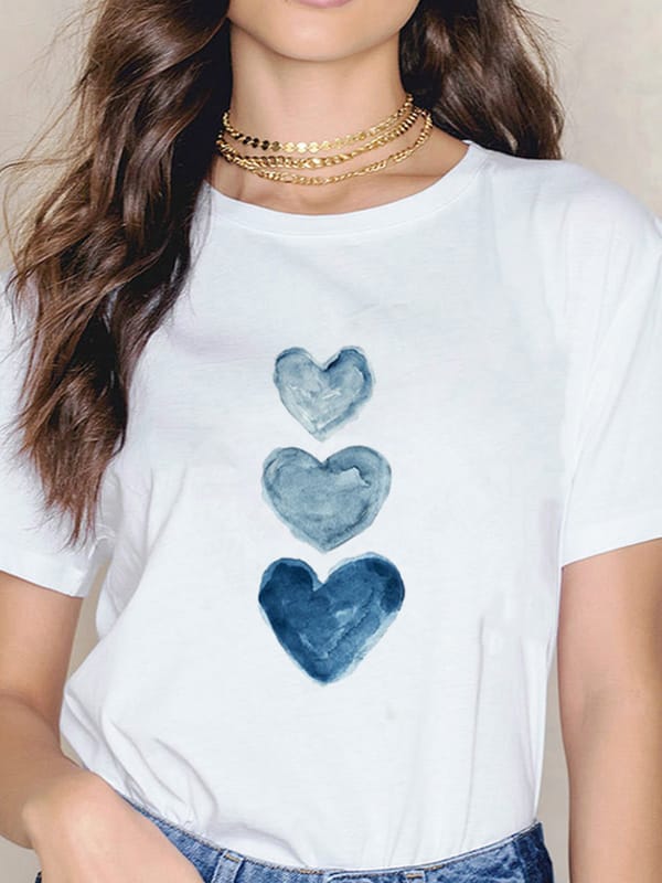 Summer New Casual Short Sleeve Heart Flower Print Women T-Shirt Ladies Harajuku Love Graphic Clothing O-Collar Shirt Women's Top