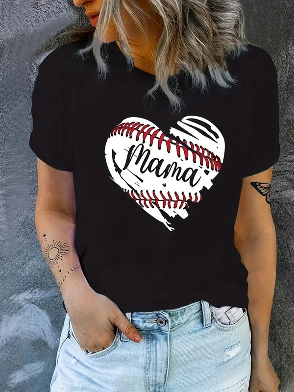 Baseball Mom Heart Printed Short Sleeved Casual Women's Fashion Women's Pattern T-shirt Women's Printed Summer T-shirt