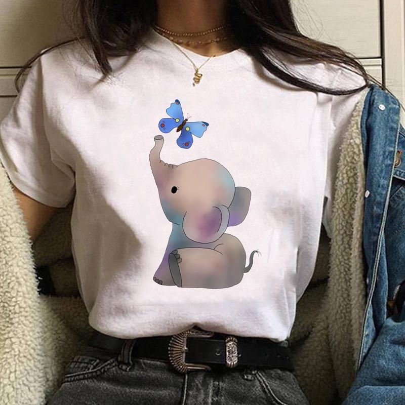 Cute Elephant Butterfly Pattern Printed T-Shirt Women's Fashion Casual Cute Round Neck Short Sleeve T-Shirt Top