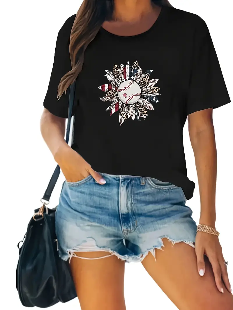Baseball patchwork printed short sleeved casual women's fashion women's pattern T-shirt women's printed summer T-shirt
