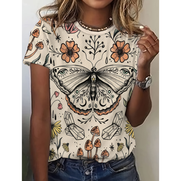 Women's T-Shirts Butterfly Print T-Shirt Characters Cute Animal Harajuku Casual Short Sleeved Top Oversized Female Clothing