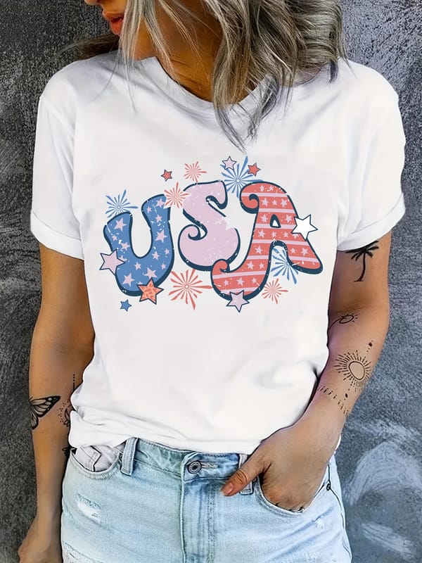 USA & Star Print T-Shirt, Casual Crew Neck Short Sleeve Top For Spring & Summer, Women's Clothing