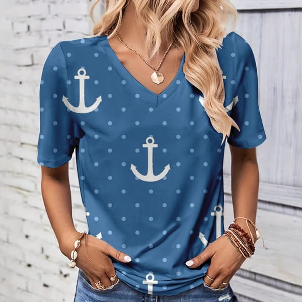 2024 Women's Summer Short Sleeve V-neck Anchor Print T-shirt Women's High-end T-shirt Y2K Fashion Women's Breathable T-shirt