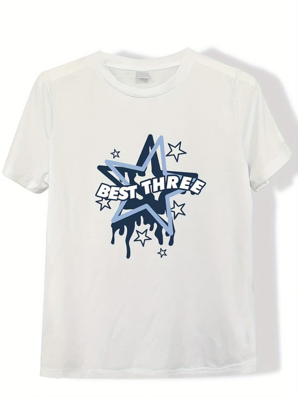 Letter & Star Print T-shirt, Short Sleeve Crew Neck Casual Top For Summer & Spring, Women's Clothing