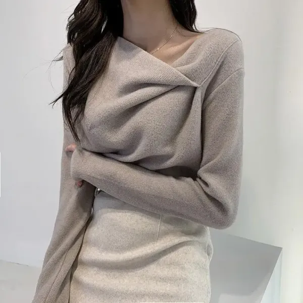 Women's Autumn Winter Fashion Solid Long Sleeve T Shirts Korean Lady Graceful Warm Skew Collar Pullover Tops Bottoming Clothing