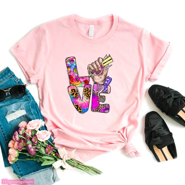 Watercolor Peace Love Nails Hutstle Print Women'S T-Shirts Femme Harajuku Shirt Tumblr Top Tee Shirt Female Streetwear