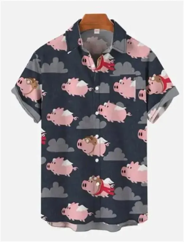 New 3D Printed Men's Hawaiian Short Sleeve Shirt Flying Pig Print Men's Fashion Tops Casual Loose Plus Size Men's Shirt 2024
