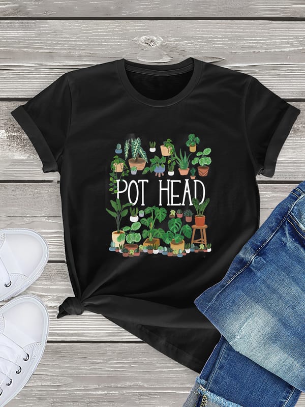 Women's Casual Short Sleeve T-shirt with Plants and Letter Print