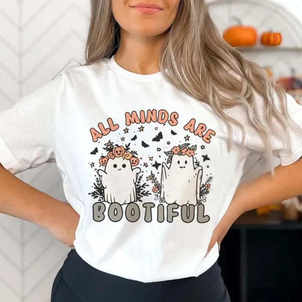 Printed All Minds Are Boostive Halloween School Pattern Summer Cute Style O-Neck Women's Trendy Cartoon Halloween New Top T-Shir