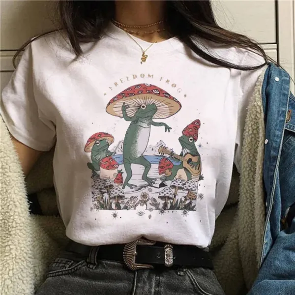 Trendy New 90s T-Shirt Clothing Women's Fashion Mushroom Frog Printed Pattern Fun Short Sleeve Printed O-Neck Basic T-Shirt.