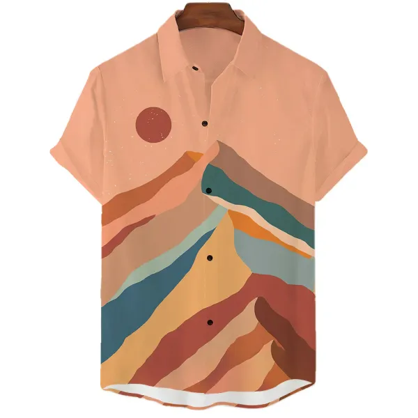 Oil Painting Texture Artist Style Printed short-sleeved Shirt Desert Sunset men's Casual Top 2023 New Comfortable Shirt