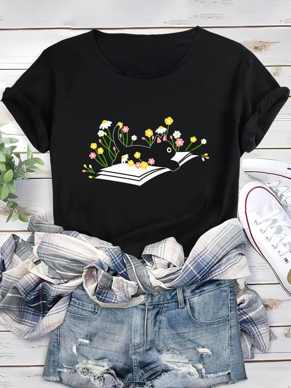 Cat & Flower Graphic Sports Tee, Round Neck Short Sleeves Running Casual T-shirt, Women's Activewear