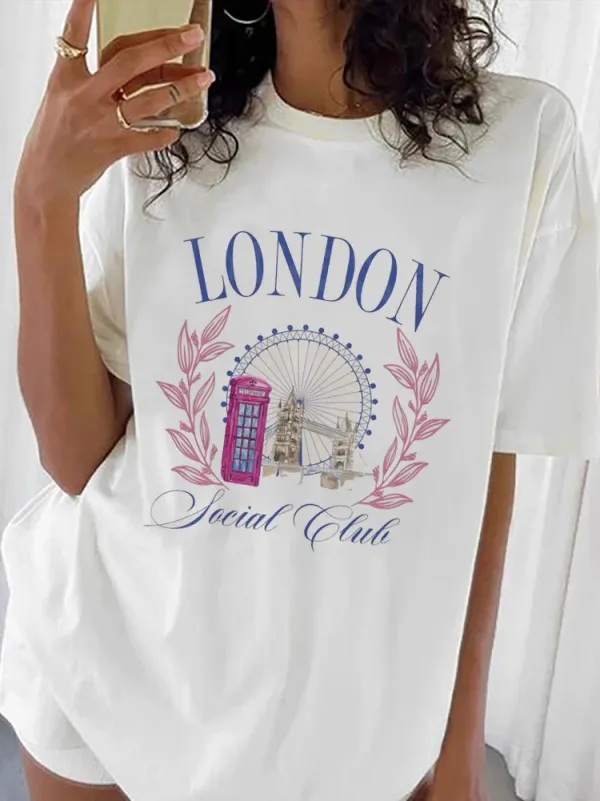 Women's London Social Club Printed Fashionable Casual Summer O-Neck Clothing T-Shirt Watercolor 90s Short Sleeved Pattern T-Shir