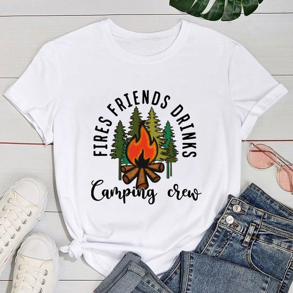 (Premium T-shirt)Women'S Fashion Printed Fires Friends Drinks Camping Crew Print T-Shirts Summer Casual Loose Round Neck