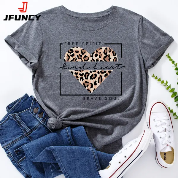Oversize Women's Tops Leopard Love Heart Print Tshirt Female Shirts Summer Casual Short Sleeve Basic Tee Cotton T-shirt