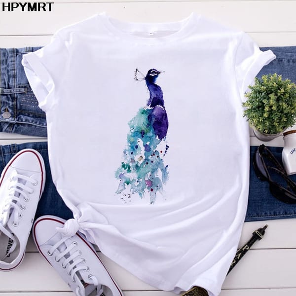 Beauty peacock Print Women's T Shirt Short Sleeve Casual Cartoon Korean Style Female T-shirt Harajuku New Summer O-neck Tops Tee