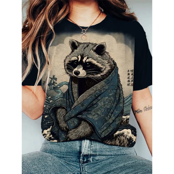 Women's T-shirt Showa Wind Raccoon Print T-shirt  Niche Design Harajuku Casual Short Sleeved Top Plus Size Women's Clothing
