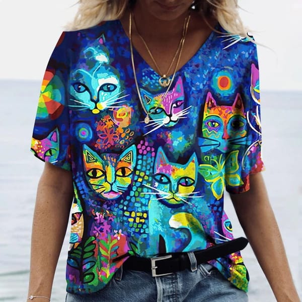 2024 Summer casual V-neck T-shirt women's cat print shirt top Loose vintage women's street wear short sleeve clothing