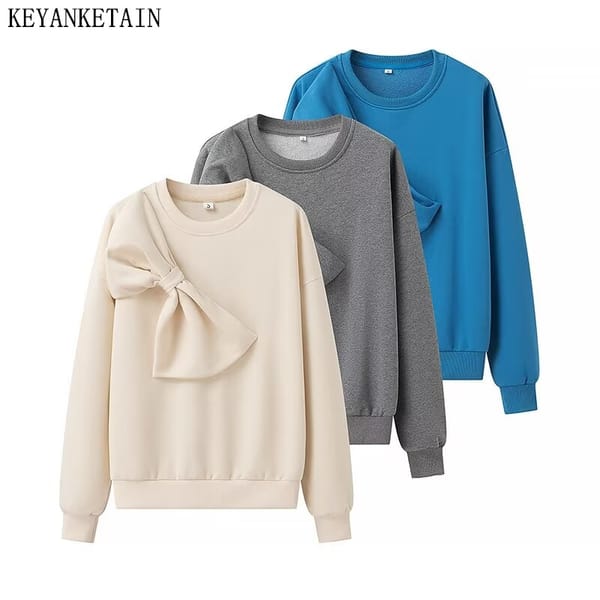 KEYANKETIAN 2024 New Women's Bow Decoration O-Neck Hoodies Pullover Autumn/Winter Oversize Loose Solid color Sweet Terry Top