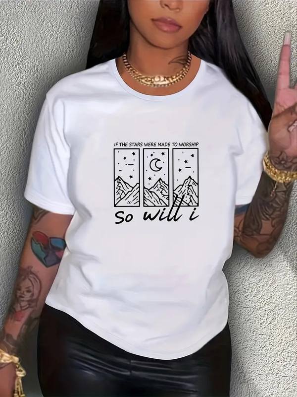 Moonlight printed minimalist women's T-shirts Summer fashionable short sleeved T-shirts Top printed O-neck casual T-shirts Women