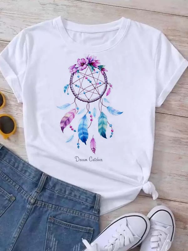 Women's Pattern Short Sleeve T-Shirt Women's Summer Clothing Feather 90S Fashion Women's University T-Shirt