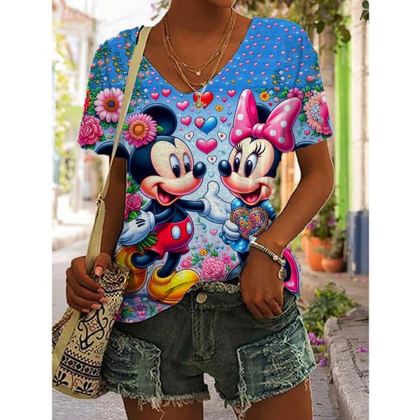 Women V-neck T-shirt Disney Minnie Mickey Mouse Print Fashion Y2k Streetwear Summer Short Sleeve Women's Oversized Tshirt Y2K