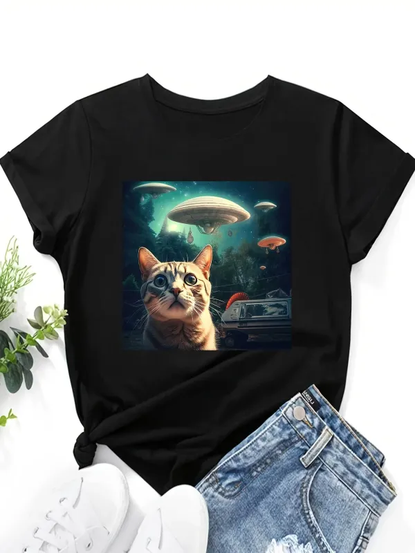 Cat & UFO Print T-shirt, Casl Short Sve Crew Neck Top For Spring & Summer, Women's Clothing