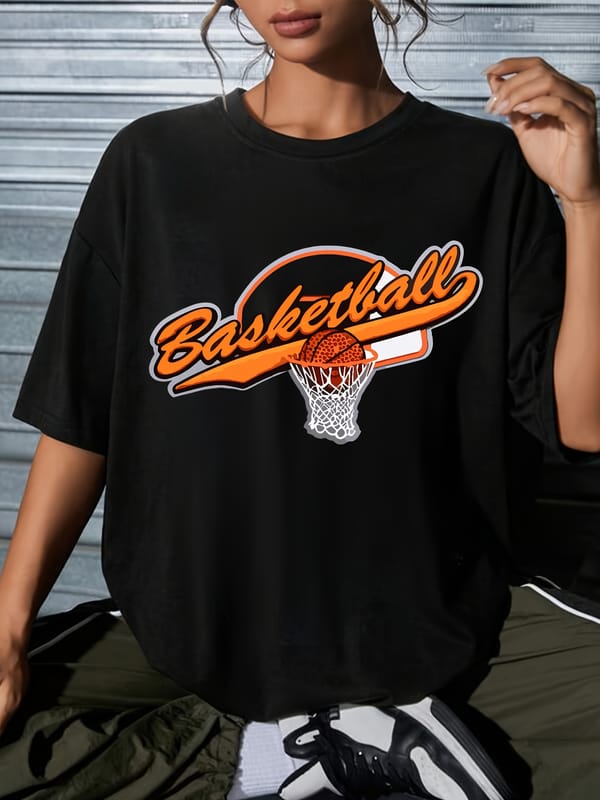 Basketball Graphic Short Sleeve Tops, Round Neck Causal Sports T-shirt, Women's Activewear