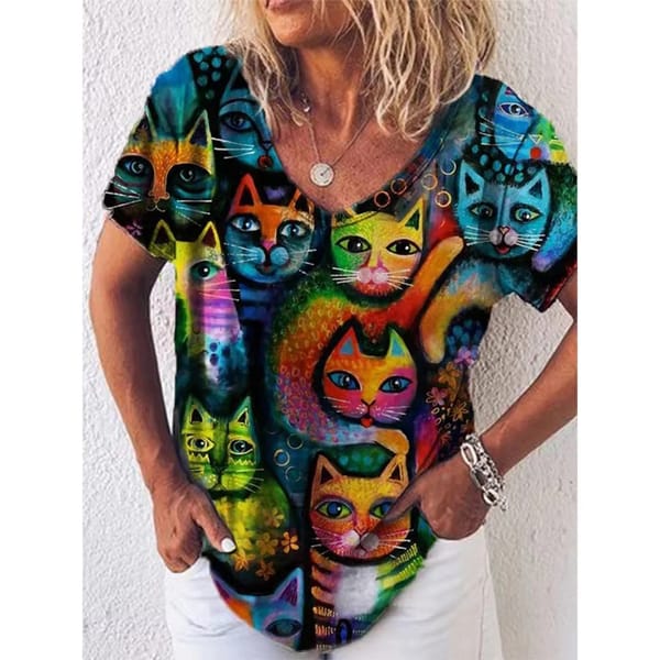 Women's T-shirt  Painted Cat Series Print  Niche Design Harajuku Casual Short Sleeved Top Plus Size Women's Clothing