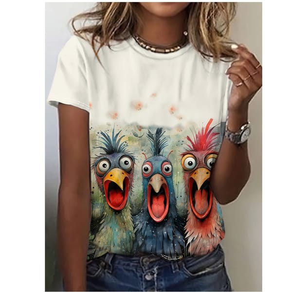 Women's T-Shirt Colorful Surprise Bird Print Harajuku Collar Short Sleeved Top Fashionable Trend Plus Size Women's Clothing