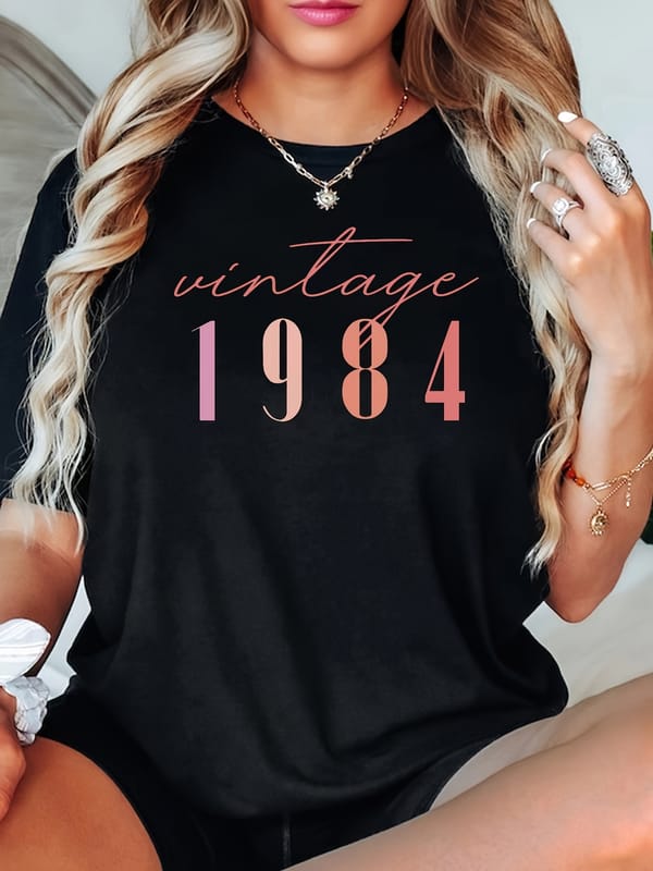 Vintage 1984 40th Birthday Year Print Casual T-Shirt, Round Neck Short Sleeves Slight Stretch Sports Tee, Women's Activewear