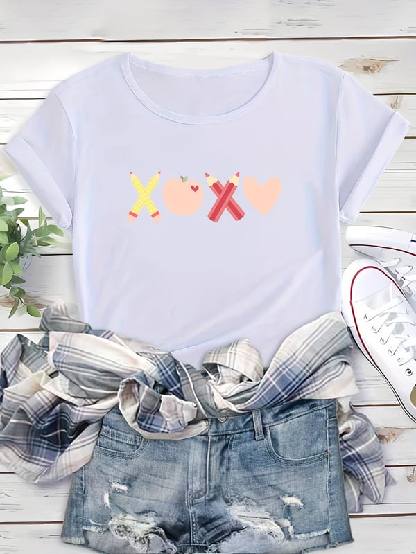 Pencil & Heart Graphic Crew Neck Sports Tee, Round Neck Short Sleeves Casual T-shirt, Women's Activewear
