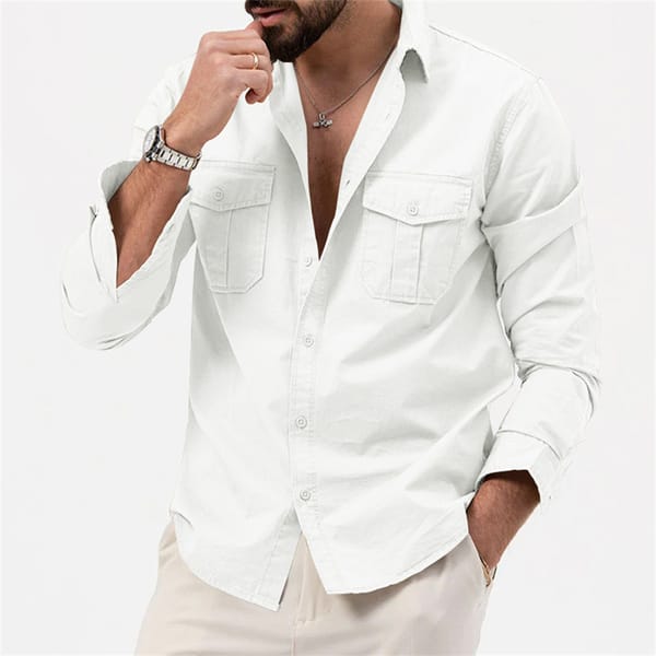 White Men Tactical Cargo Shirts Pockets Long Sleeve Men's Clothing 2024 New Loose Casual Chemise Hombre Lapel Tops Streetwear