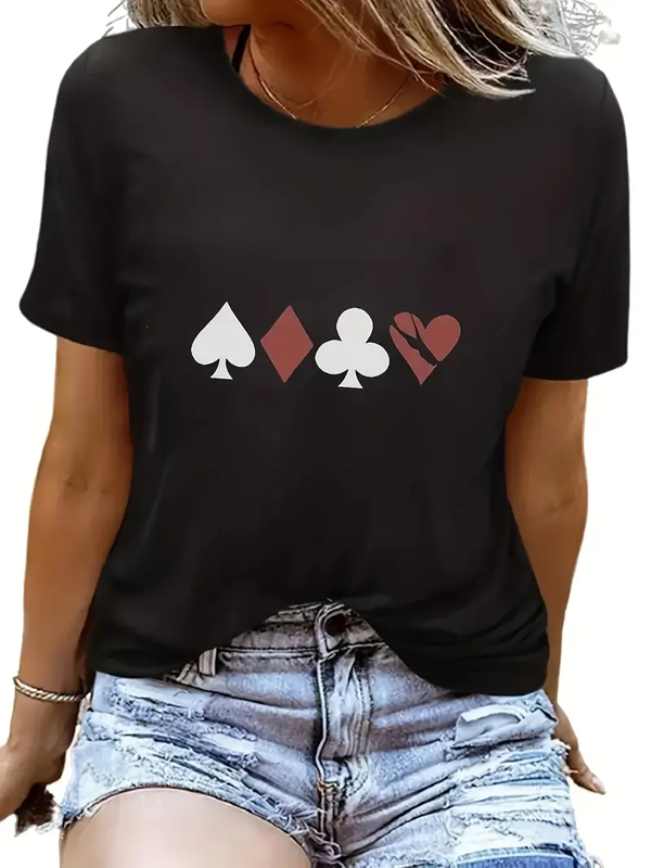 Poker Pattern Printed Short Sleeved Casual Women's Fashion Women's Pattern T-shirt Women's Printed Summer T-shirt
