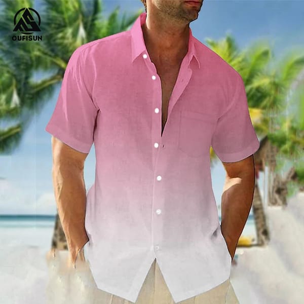 2024 Casual Men's Shirts Summer Clothing Gradient Graphics Apparel Vacation Seaside Oversized Short Sleeve Tops For Male Shirts