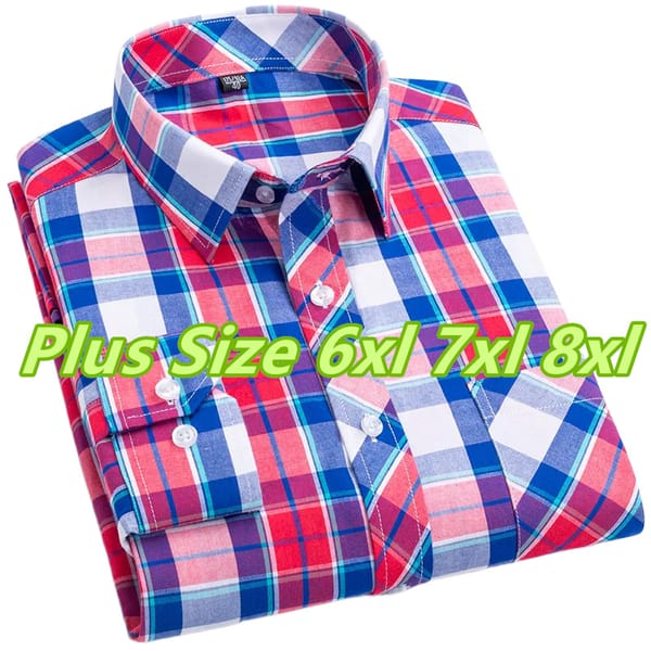 New Fashion Men's Plaid Shirt Long Sleeve 100% Cotton Luxury Loose Thin Comfort Soft Buttoned Slim Fit Man Top Plus Size 7XL-8XL