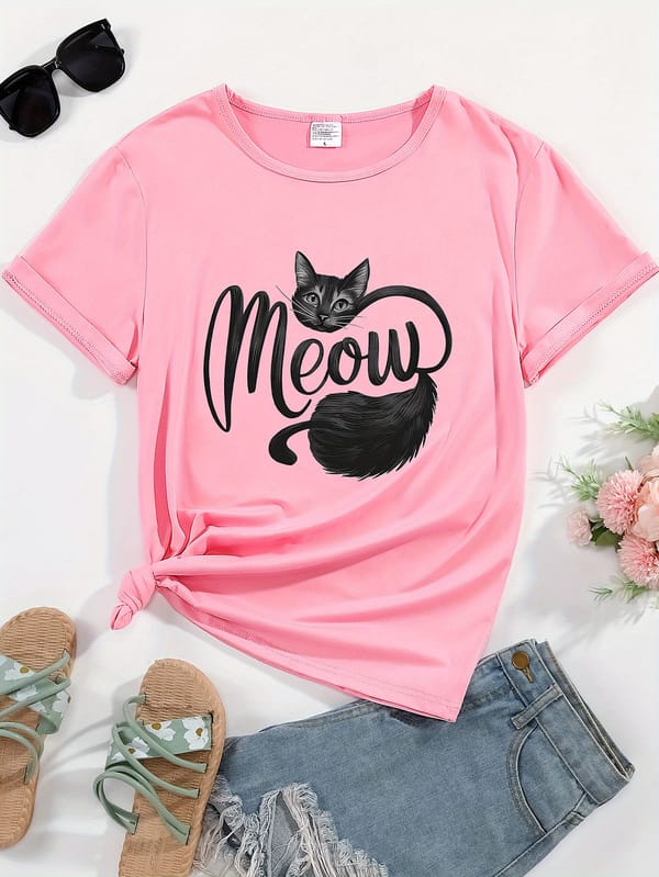 Cat Graphic Round Neck Sports Tee, Short Sleeves Causal Workout Top, Women's Activewear