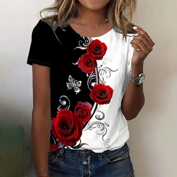 Europe and America plus size women's rose print color block T-shirt casual crew collar short-sleeved T-shirt woman