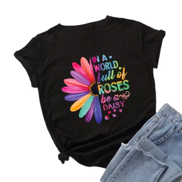 COTTON 100% Women's Loose Round Collar Short Sleeve T-shirt Female Trend Creative Colorful Daisy Sunflower Print  Oversized TEE