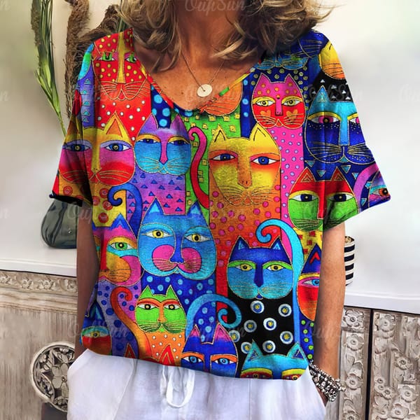 Women's T-Shirt Cartoon Cat Print Summer Short Sleeve V-Neck Kawaii Fashion Casual T Shirts Kitten Funny Female Vintage Clothing