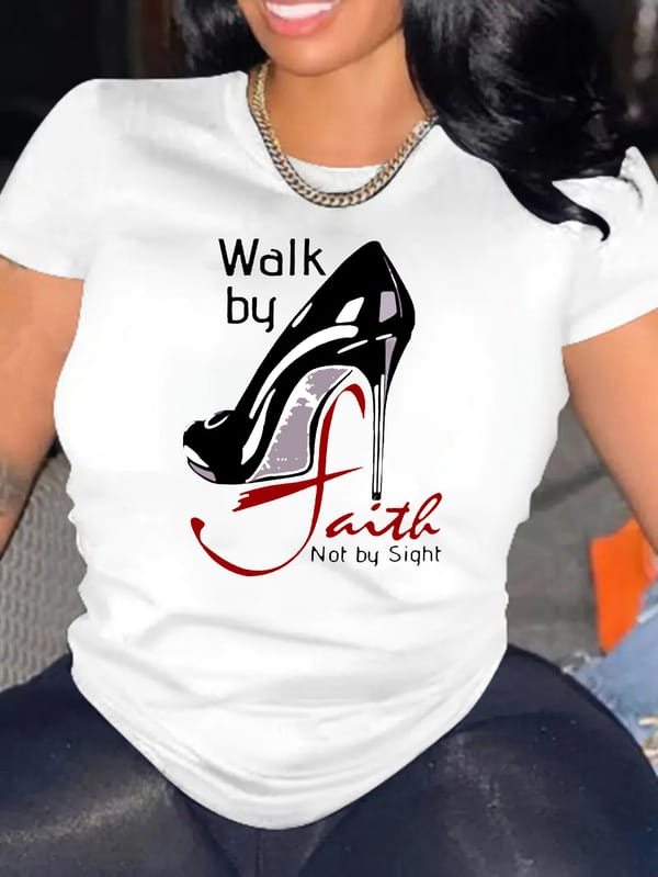 Walk By Faith Graphic T-Shirt - Women's Casual Short Sleeve Top for All Seasons