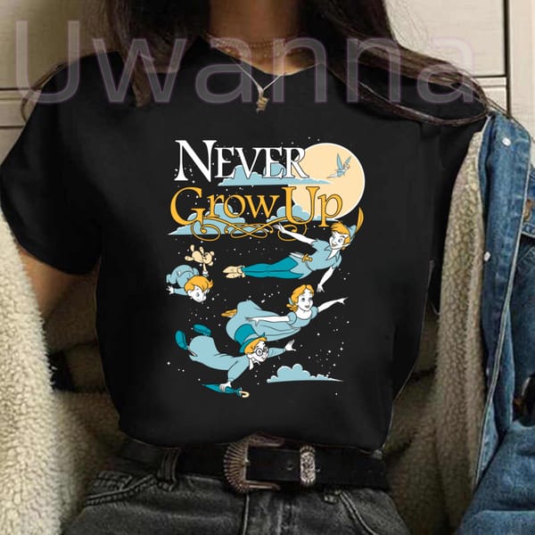 Cartoon Peter Pan T-shirt Top Printed Never Grow Up Letter T-shirt Cute Kawaii Women's T-shirt Fashion Casual Vintage Tops