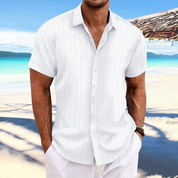 2024 New men's summer fashion trend Beach casual comfort striped jacquard lapel solid color button-up short-sleeved shirt