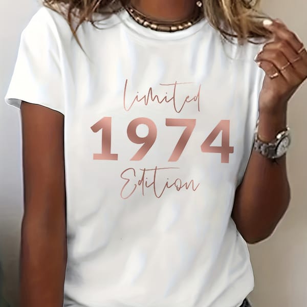 50th birthday 1974 letter print t-shirt, short sleeve crew neck casual top for summer & spring, women's clothing
