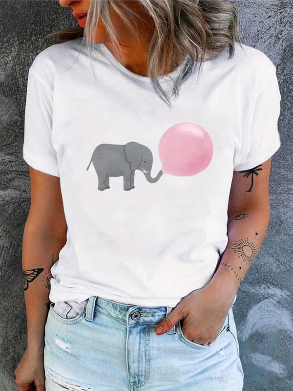 Elephant Print Crew Neck T-shirt, Short Sleeve Casual Top For Summer & Spring, Women's Clothing