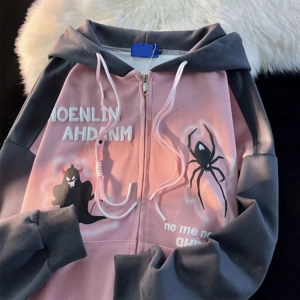 American Vintage Spider Demon Color Block Sweater Women's Autumn and Winter Loose Hiphop Fashion Couple Hooded Coat