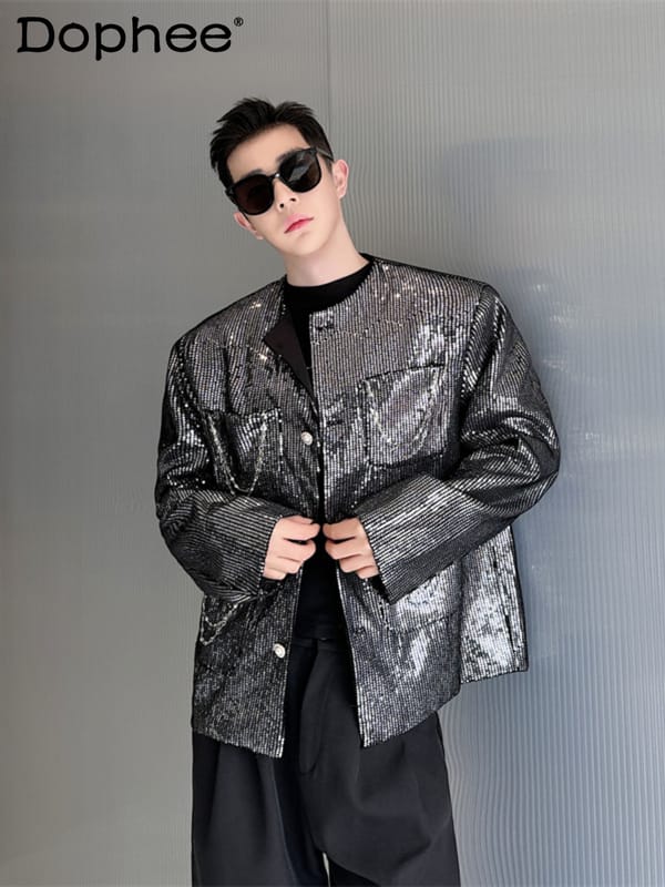 2024 Spring Fashion Fried Street Glossy Jackets Men's Solid Color Short Jacket Trendy High-End Long-Sleeved Single-Breasted Top