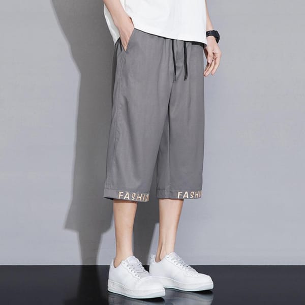 Men Trousers Stylish Men's Cropped Pants with Elastic Waistband Adjustable Drawstring Featuring Letter Embroidery for Casual