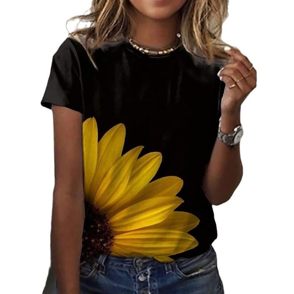 2024 New Product Explosive 3D Sunflower Flower Fashion Printed T-shirt Round Neck and Flower Printed Matte Women's T-shirt
